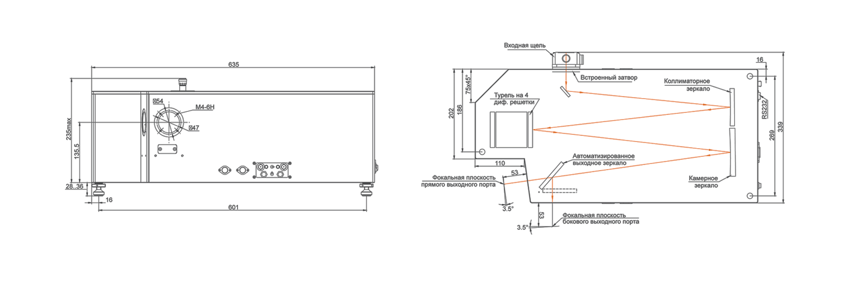 Габаритный чертеж монохроматора-спектрографа серии MS520