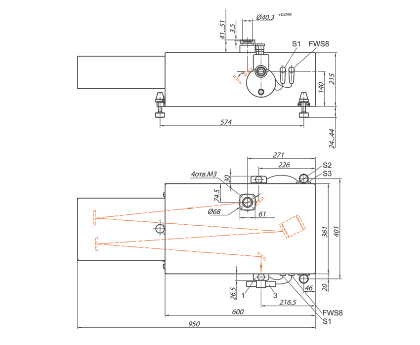Габаритный чертеж монохроматора-спектрографа серии MS750